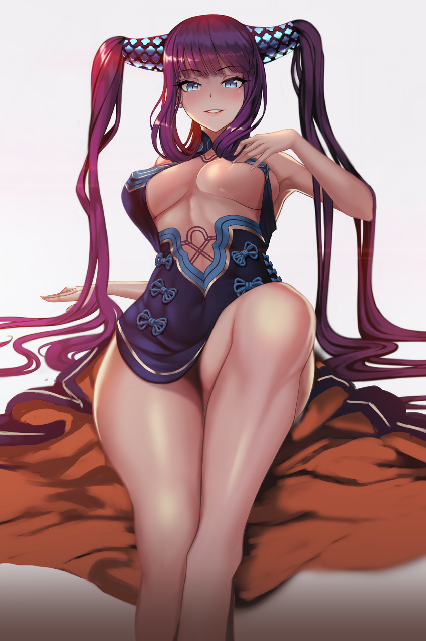 1girl bangs bare_shoulders black_dress blue_eyes blunt_bangs blush breasts center_opening china_dress chinese_clothes detached_sleeves dress dress_pull fate/grand_order fate_(series) grey_background hair_ornament highres jissaga knee_up large_breasts leaning_back long_hair looking_at_viewer parted_lips purple_hair revision sidelocks simple_background sitting smile solo thighs twintails under_boob very_long_hair yang_guifei_(fate/grand_order)