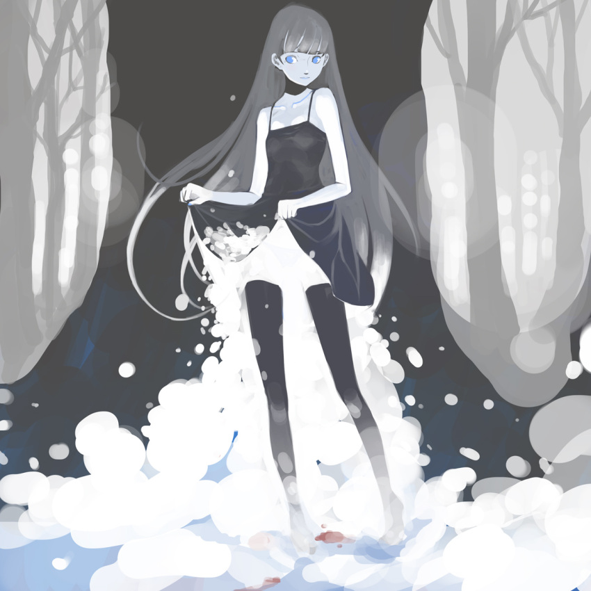 1girl bangs bare_arms bare_shoulders black_legwear blood blue_eyes blunt_bangs closed_mouth commentary dress dress_lift forest grey_hair greyscale highres lifted_by_self long_hair looking_to_the_side menstruation monochrome nature original outdoors panties snow solo spaghetti_strap spot_color standing thigh-highs tree underwear vofan