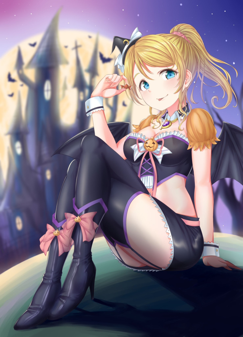1girl ayase_eli bat bat_wings birthday blonde_hair blue_eyes boots breasts candy cleavage food happy_birthday hat high_heel_boots high_heels highres long_hair love_live! love_live!_school_idol_project medium_breasts moon pink_scrunchie ponytail rama_(yu-light8) sitting star_(sky) tongue tongue_out wings witch_hat