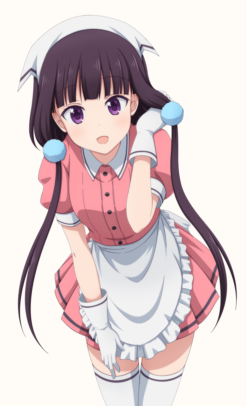 1girl :d apron bangs blend_s blunt_bangs commentary_request eyebrows_visible_through_hair frilled_apron frills gloves hair_ornament hair_over_shoulder hair_scarf highres leaning_forward looking_at_viewer low_twintails open_mouth pink_shirt pink_skirt puffy_short_sleeves puffy_sleeves purple_hair sakuranomiya_maika shira-nyoro shirt short_sleeves simple_background skirt smile solo thigh-highs twintails violet_eyes waist_apron white_apron white_background white_gloves white_legwear