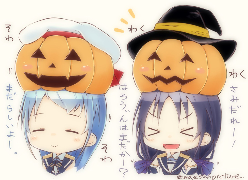 &gt;_&lt; 2girls beret blue_hair closed_eyes commentary halloween hat jack-o'-lantern kantai_collection mae_(maesanpicture) multiple_girls sailor_collar samidare_(kantai_collection) simple_background suzukaze_(kantai_collection) translated twitter_username upper_body white_background witch_hat