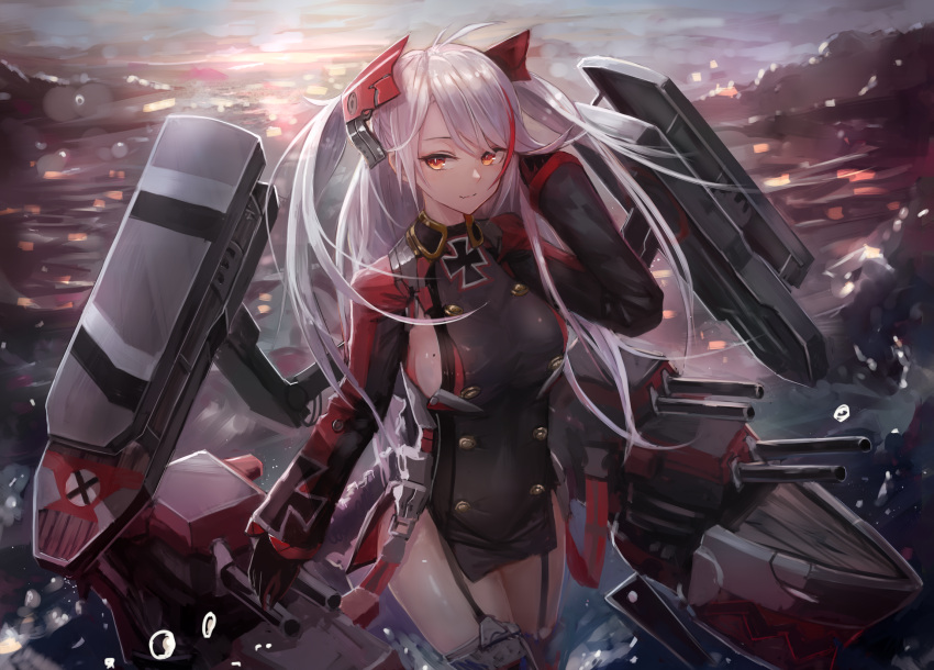 1girl azur_lane bangs black_gloves breasts brown_eyes closed_mouth cowboy_shot day double-breasted evening garter_straps gloves hand_up headgear highlights highres iron_cross kasagarasu large_breasts long_hair long_sleeves looking_at_viewer multicolored_hair outdoors prinz_eugen_(azur_lane) redhead rigging sideboob sidelocks silver_hair smile solo swept_bangs thigh-highs thighs two-tone_hair two_side_up