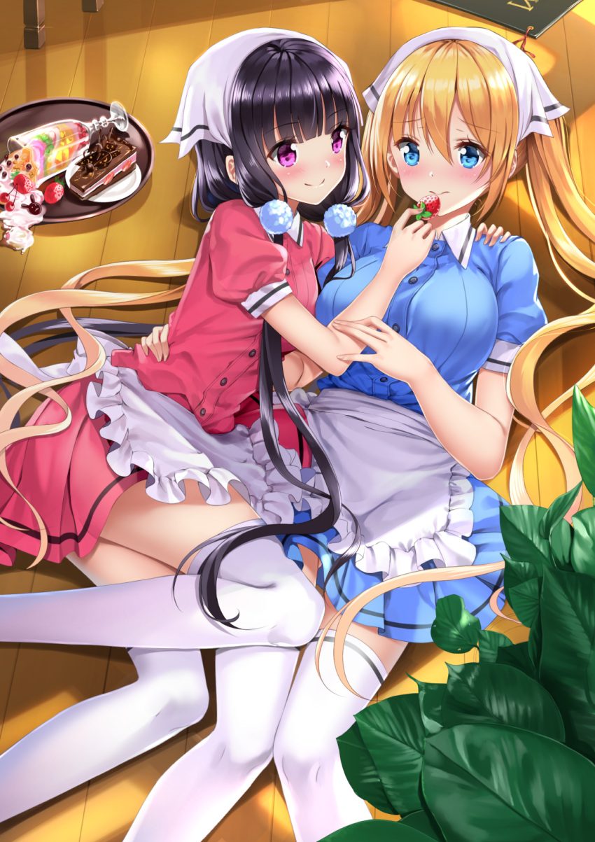 2girls apron blend_s blonde_hair blush breasts cake commentary_request feeding food fruit gloves gluteal_fold head_scarf highres hinata_kaho large_breasts long_hair low_twintails lying multiple_girls parfait plant sakuranomiya_maika short_sleeves smile spill strawberry swordsouls thigh-highs twintails violet_eyes waitress white_gloves white_legwear wooden_floor yuri