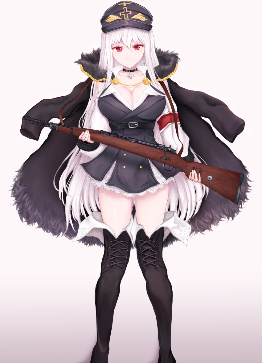 1girl absurdres black_hat black_skirt blush boots breasts cleavage closed_mouth cowboy_shot fur_trim gbsn girls_frontline hat highres iron_cross jacket_on_shoulders kar98k_(girls_frontline) long_hair looking_at_viewer peaked_cap red_eyes skirt smile solo thigh-highs thigh_boots very_long_hair white_hair