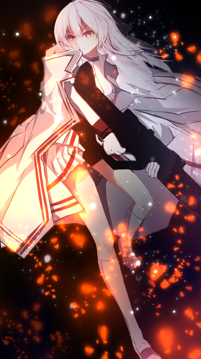 1girl absurdres bangs blush bow breasts cape eyebrows_visible_through_hair fire girls_frontline gloves gun hair_between_eyes hair_ornament hair_ribbon hairclip highres holding holding_gun holding_weapon iws-2000_(girls_frontline) kneehighs light_particles long_hair looking_at_viewer looking_away military military_uniform pleated_skirt red_eyes ribbon shirt shoes sidelocks silver_hair sivi skirt solo thighs uniform weapon white_footwear white_gloves white_legwear