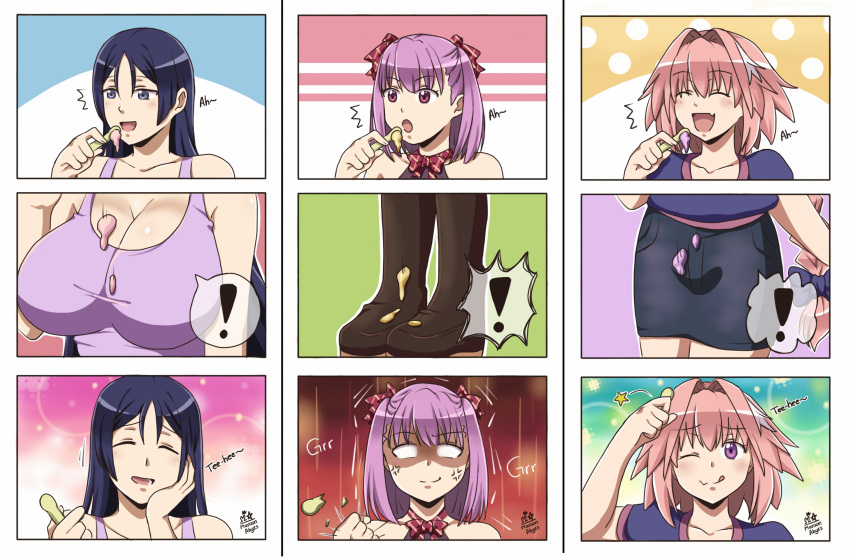 1boy 2girls 3koma anger_vein angry bare_shoulders blush braid breast_conscious breast_envy breasts bulge cleavage comic empty_eyes fang fate/apocrypha fate/grand_order fate_(series) food hair_intakes hair_ribbon head_tilt helena_blavatsky_(fate/grand_order) highres ice_cream large_breasts long_hair looking_at_viewer maroonabyss minamoto_no_raikou_(fate/grand_order) multicolored_hair multiple_girls one_eye_closed open_mouth pink_hair purple_hair ribbon rider_of_black short_hair single_braid smile spoon streaked_hair trap type-moon very_long_hair violet_eyes