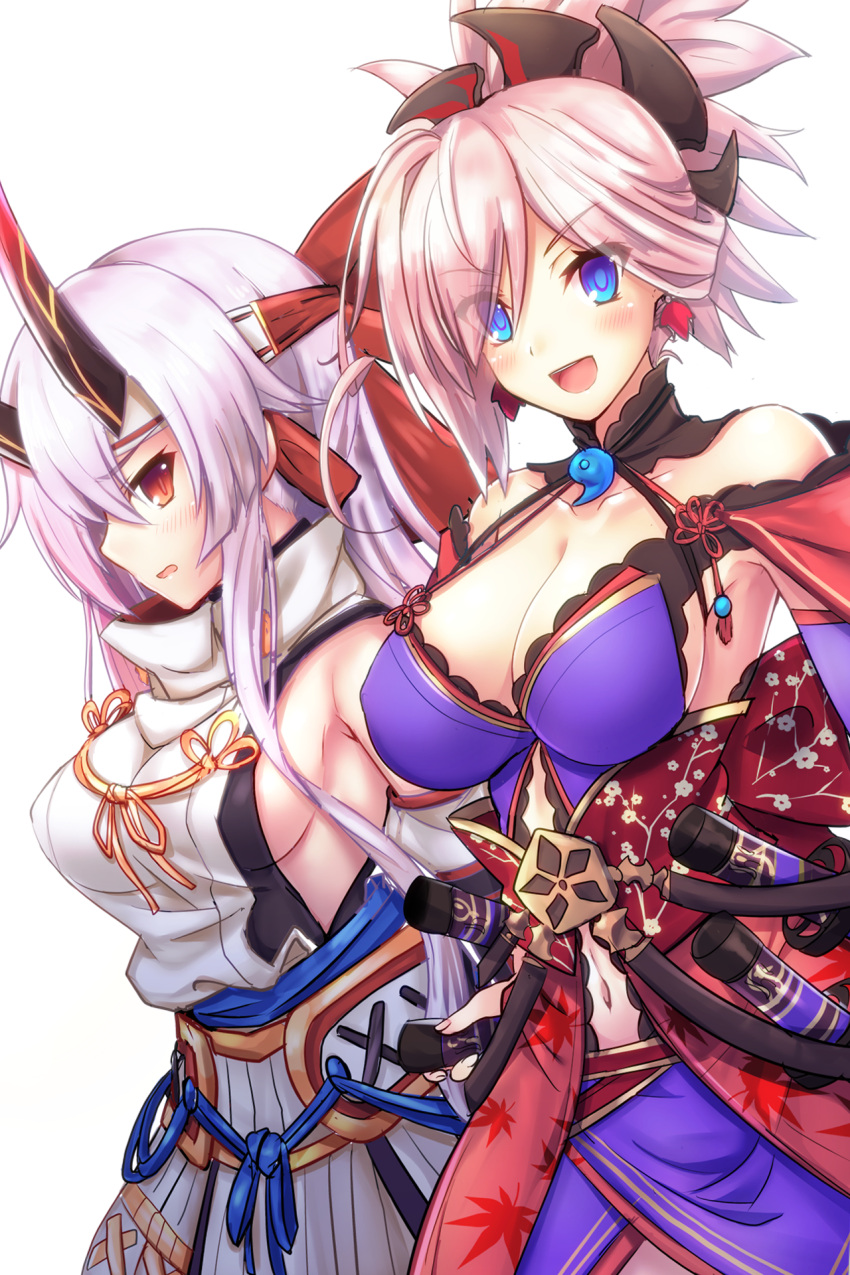 &gt;:d 2girls :d armor armpit_peek bangs bare_shoulders blue_eyes blush breasts cleavage collarbone commentary_request detached_sleeves dress earrings eyebrows_visible_through_hair eyes_visible_through_hair fate/grand_order fate_(series) floral_print hair_between_eyes hair_ornament hair_ribbon hand_on_hilt headband high_collar highres horns japanese_armor japanese_clothes jewelry kusazuri large_breasts leaf_print long_hair looking_at_viewer magatama maple_leaf_print medium_breasts miyamoto_musashi_(fate/grand_order) multiple_girls navel obi oni_horns open_mouth pink_hair ponytail print_obi purple_dress red_eyes red_ribbon ribbon samoore sash sheath sheathed short_hair side_glance sideboob sidelocks simple_background slit_pupils smile swept_bangs tassel tomoe_gozen_(fate/grand_order) white_background