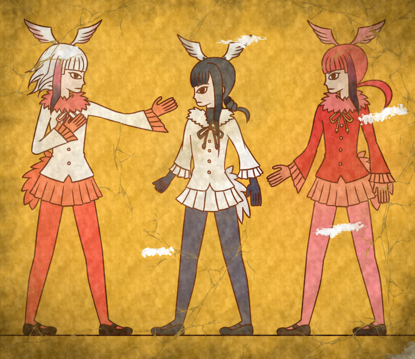 3girls bangs bird_tail black-headed_ibis_(kemono_friends) black_gloves black_hair black_legwear blunt_bangs commentary_request crack egyptian_art from_side fur_collar gloves gradient_hair hand_on_own_chest head_wings highres japanese_crested_ibis_(kemono_friends) kemono_friends kita_(7kita) long_hair long_sleeves multicolored_hair multiple_girls outstretched_arm pantyhose pink_legwear pleated_skirt pleated_sleeves profile red_gloves red_legwear red_shirt red_skirt redhead scarlet_ibis_(kemono_friends) shirt shoes skirt white_hair white_shirt white_skirt yellow_background