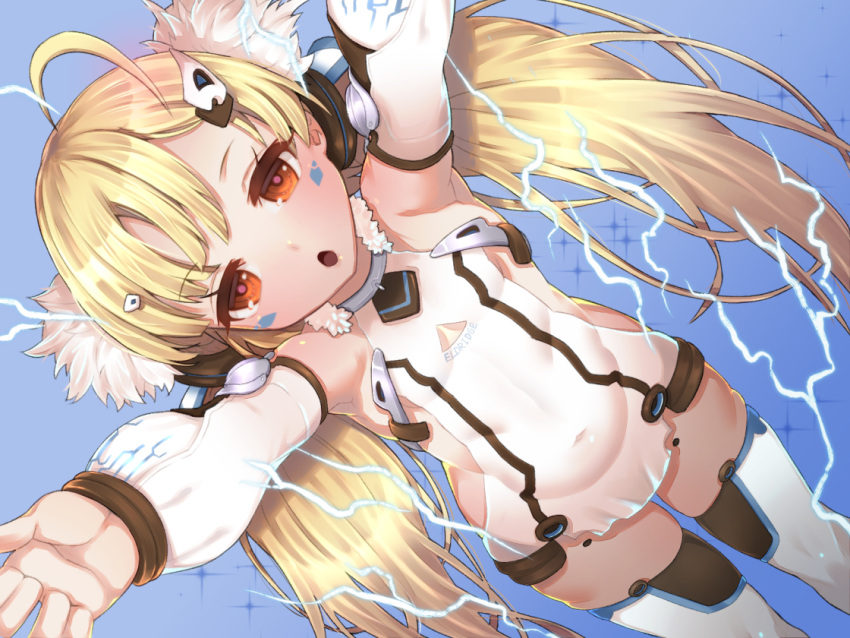 1girl :o ahoge arms_up azur_lane blonde_hair blue_background covered_navel cowboy_shot detached_sleeves dutch_angle eldridge_(azur_lane) electricity facepaint flat_chest foreshortening from_above hair_ornament jitome long_hair looking_up object9991 outstretched_arms red_eyes solo thigh-highs twintails very_long_hair white_legwear