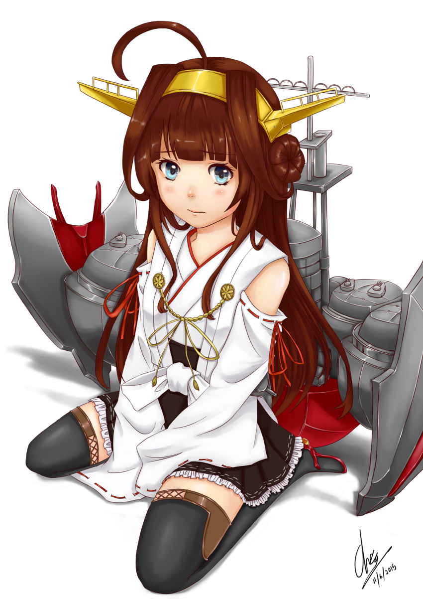 1girl ahoge artist_name black_legwear blue_eyes brown_hair chizza dated double_bun highres kantai_collection kongou_(kantai_collection) long_hair nontraditional_miko seiza signature simple_background sitting solo thigh-highs white_background