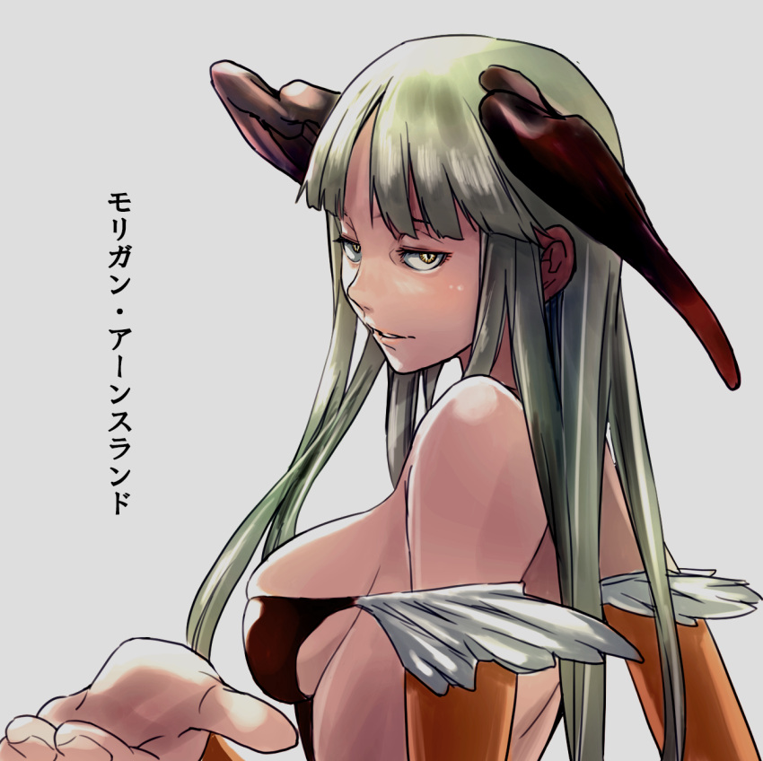 1girl bare_shoulders bat_wings breasts bridal_gauntlets character_name demon_girl green_hair head_wings highres jitome long_hair looking_at_viewer medium_breasts morrigan_aensland parted_lips smile solo succubus uheri upper_body vampire_(game) wings yellow_eyes