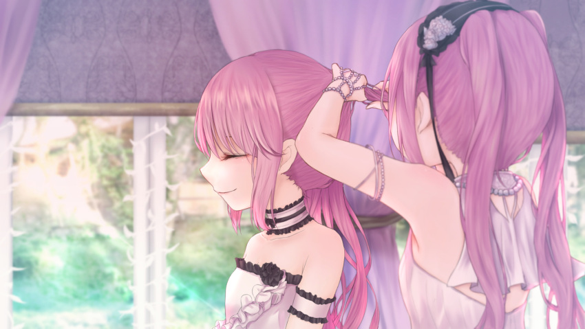 2girls adjusting_hair bare_shoulders black_ribbon choker closed_eyes curtains dress euryale fate/hollow_ataraxia fate_(series) from_side hairband lolita_hairband multiple_girls purple_hair ribbon siblings sisters sleeveless sleeveless_dress smile stheno twintails upper_body white_dress yuurei447