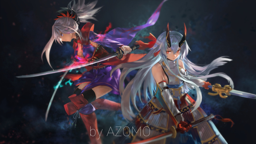 2girls arm_guards armor avamone breasts fate_(series) headband highres japanese_armor miyamoto_musashi_(fate/grand_order) multiple_girls oni_horns red_eyes sideboob silver_hair sword tomoe_gozen_(fate/grand_order) weapon