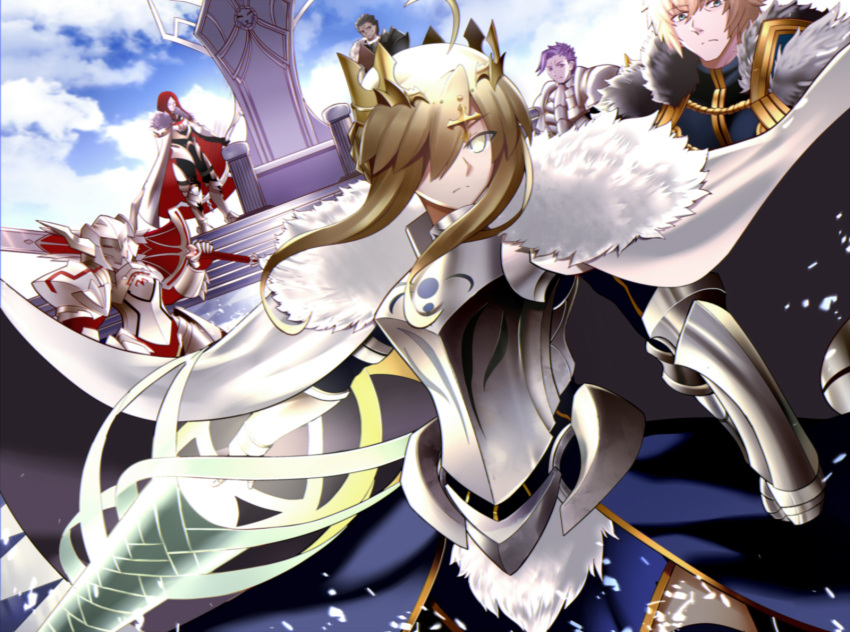 2girls 4boys ahoge armor artoria_pendragon_(all) artoria_pendragon_(lancer) blue_sky cape character_request closed_mouth cowboy_shot crown day fate/grand_order fate_(series) faulds full_armor fur_trim gauntlets highres holding holding_sword holding_weapon knight looking_at_viewer multiple_boys multiple_girls over_shoulder paperfinger rhongomyniad saber_of_red sky sword throne weapon weapon_over_shoulder