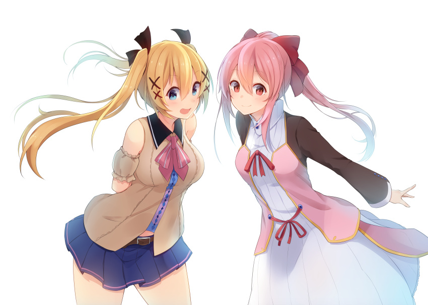 2girls :d absurdres bangs bare_shoulders belt blonde_hair blue_eyes blue_skirt character_request closed_mouth collared_vest cowboy_shot dress eyebrows_visible_through_hair hair_between_eyes hair_ornament highres jacket linkauter_chronicle_xceed long_hair long_sleeves looking_at_viewer matsunoki_(unknown_751) multiple_girls neck_ribbon open_mouth pink_hair pink_ribbon pleated_skirt ponytail red_eyes red_ribbon ribbon simple_background skirt smile standing twintails vest white_background white_dress x_hair_ornament