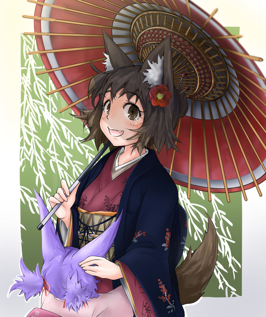 2girls :d absurdres animal_ears blue_jacket blush brown_eyes brown_hair child commentary_request dog_ears dog_tail doitsuken fang floral_print flower green_background hair_flower hair_ornament hair_ribbon hairpin highres holding holding_umbrella hug jacket japanese_clothes kimono long_sleeves looking_at_viewer low_twintails multiple_girls obi open_mouth oriental_umbrella original purple_hair red_kimono red_ribbon ribbon sash short_hair smile standing tail twintails umbrella