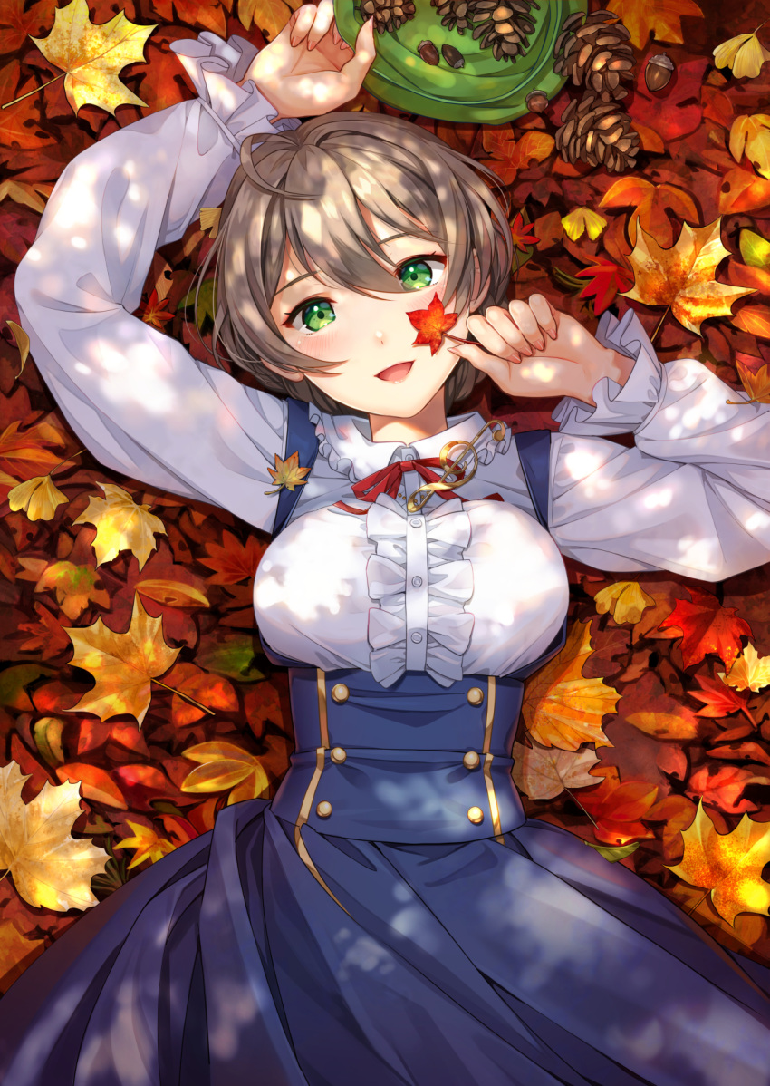 1girl acorn ahoge autumn_leaves blush braid breasts brown_hair commentary_request frilled_sleeves frills green_eyes highres idolmaster idolmaster_million_live! idolmaster_million_live!_theater_days joey_koguma large_breasts light_brown_hair looking_at_viewer lying on_back open_mouth pinecone sakuramori_kaori short_hair smile solo tied_hair treble_clef underbust