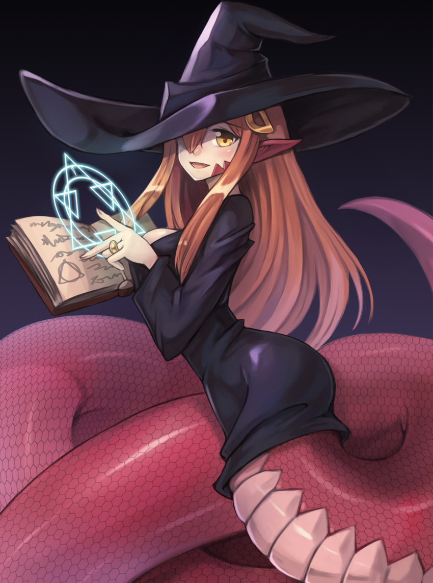 1girl :d animal_ears bangs black_dress black_hat blue_background book breasts casting_spell commission dress eyebrows_visible_through_hair gradient gradient_background hair_ornament halloween_costume hat highres holding holding_book jewelry lamia large_breasts long_hair looking_at_viewer looking_to_the_side magic_circle miia_(monster_musume) monster_girl monster_musume_no_iru_nichijou open_book open_mouth orange_hair pointy_ears red_eyes ring scales smile solo sookmo wedding_band witch witch_hat yellow_eyes