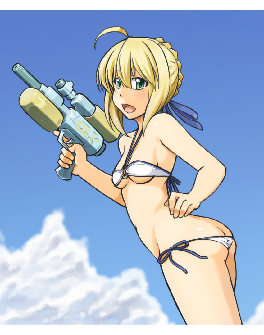 1girl :d ahoge alto-00 aqua_eyes artoria_pendragon_(all) ass bikini blonde_hair braid breasts butt_crack clouds halterneck head_tilt highres looking_at_viewer looking_to_the_side navel open_mouth saber side-tie_bikini sky smile solo swimsuit water_gun