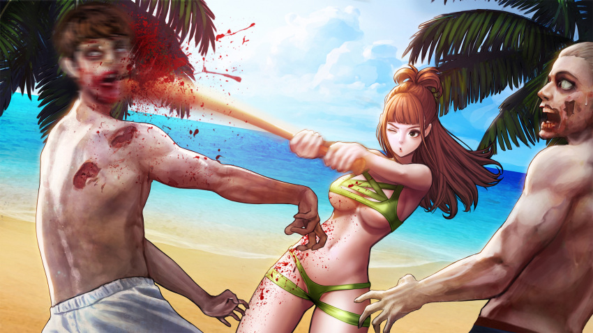 1girl 2boys bangs bare_arms bare_shoulders baseball_bat beach bikini blonde_hair blood blood_splatter blue_sky blunt_bangs blurry breasts brown_eyes brown_hair clouds cloudy_sky commentary cowboy_shot deep_wound dutch_angle empty_eyes green_bikini highres hitting holding holding_baseball_bat injury jungon_kim long_hair motion_blur multiple_boys navel no_pupils ocean one_eye_closed open_mouth outdoors palm_tree parted_lips pink_lips ponytail sand shore sky standing surprised sweatdrop swimsuit topless tree under_boob zombie