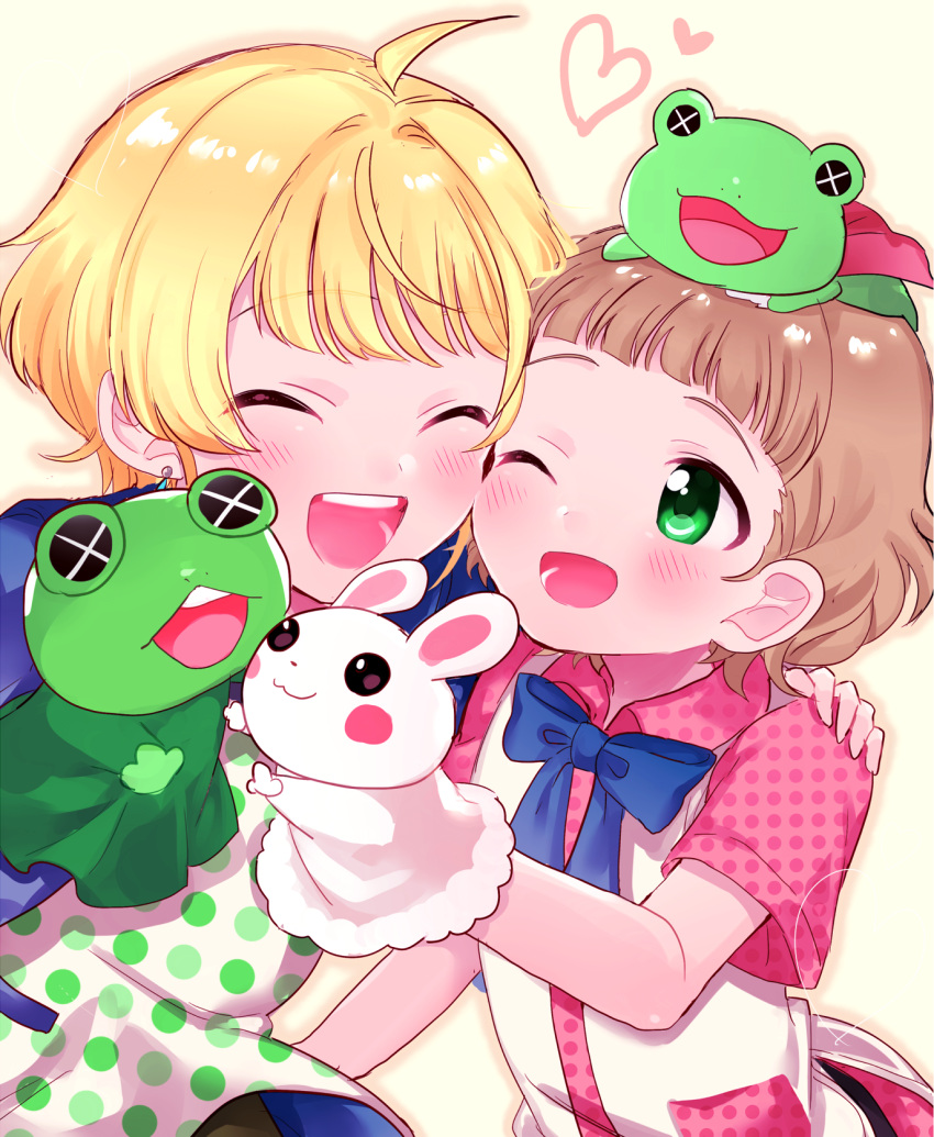 2boys abe_(kumayu) ahoge blonde_hair blush brown_hair closed_eyes earrings green_eyes hand_puppet heart highres himeno_kanon idolmaster idolmaster_side-m jewelry kaeru_(idolmaster) male_focus multiple_boys open_mouth pierre_(idolmaster) puppet smile stuffed_animal stuffed_toy