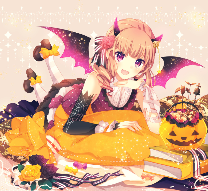 1boy bangs bare_shoulders blush brown_hair cookie crossdressinging demon_horns demon_wings dress fang flower food foreshortening goma_(11zihisin) hair_flower hair_ornament halloween_costume horns jack-o'-lantern long_hair looking_at_viewer lying male_focus mismatched_sleeves on_stomach original pink_eyes red_rose rose solo the_pose trap wings