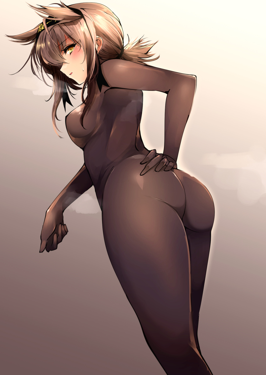 1girl agetama ass blush bodysuit breasts brown_hair commentary_request gradient gradient_background hair_between_eyes hair_flaps hairband hand_on_hip hatsuzuki_(kantai_collection) headband highres kantai_collection looking_at_viewer looking_back medium_breasts profile revision short_hair skin_tight solo sweatdrop tied_hair yellow_eyes