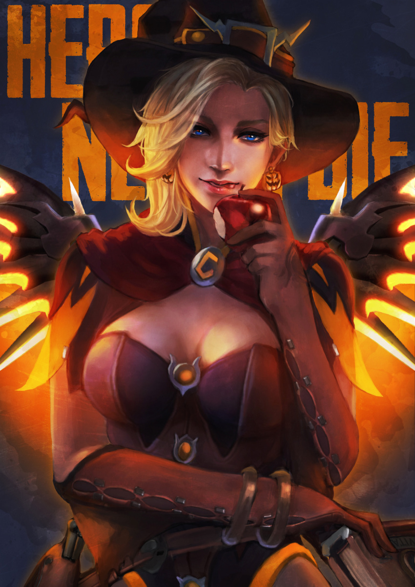 1girl absurdres alternate_costume apple blonde_hair blue_eyes book bracelet breasts brown_gloves cleavage earrings eating elbow_gloves food fruit gloves hat highres jack-o'-lantern jack-o'-lantern_earrings jewelry looking_at_viewer mechanical_wings mercy_(overwatch) monori_rogue overwatch parted_lips solo strap wings witch_hat witch_mercy