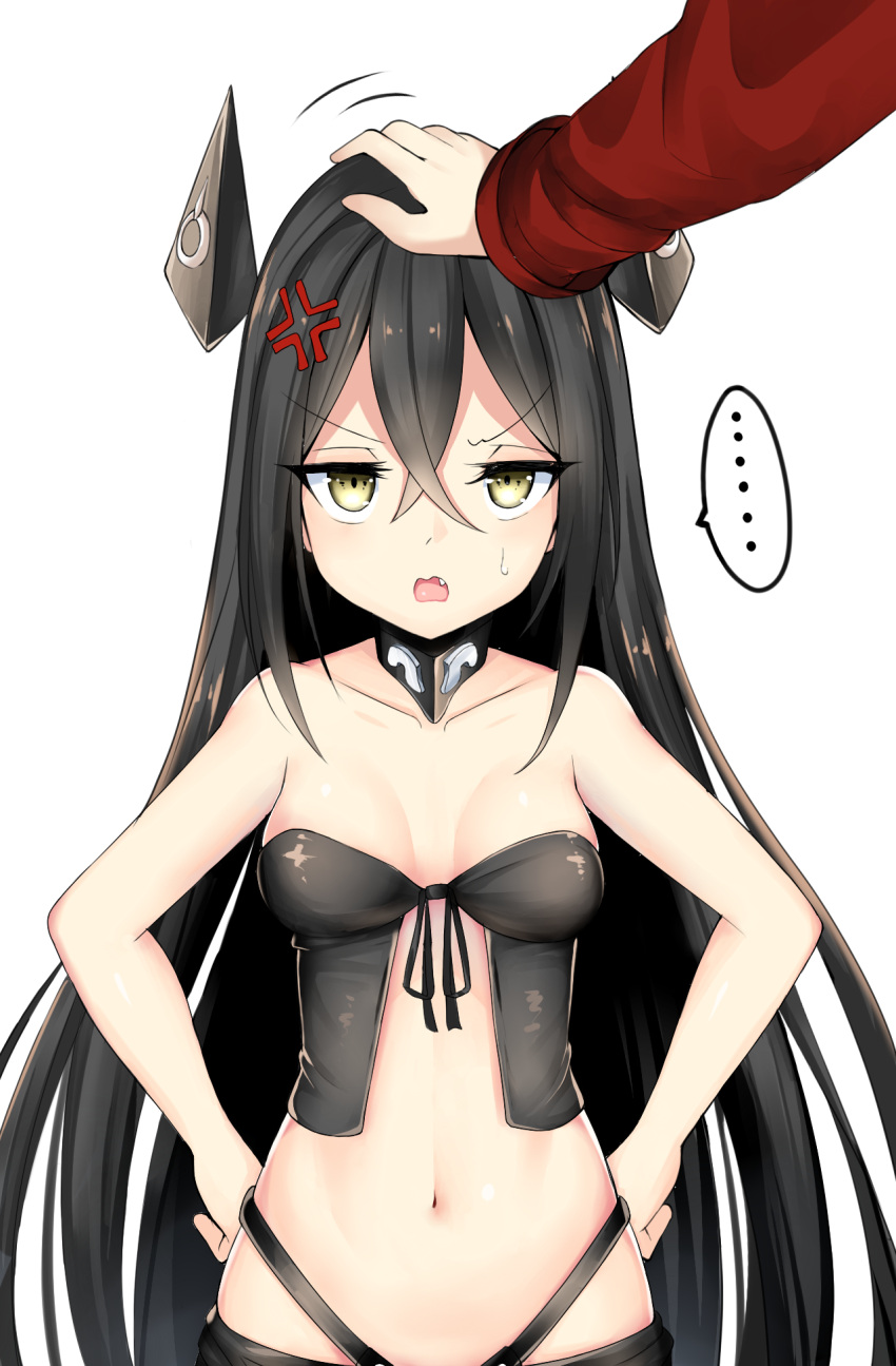 ... 1girl bangs bare_shoulders black_hair breasts chixiao collarbone crossed_bangs eyebrows_visible_through_hair fang girls_frontline hair_between_eyes highres jitome judge_(girls_frontline) looking_at_viewer medium_breasts navel open_mouth out_of_frame petting pov sangvis_ferri simple_background solo_focus spoken_ellipsis sweatdrop upper_body white_background