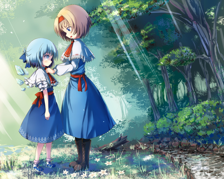 2girls alice_margatroid alice_margatroid_(cosplay) ascot blonde_hair blue_bow blue_dress blue_eyes blue_footwear blue_hair bobby_socks boots bow brown_footwear capelet cirno cosplay cross-laced_footwear day dress flower forest from_side hair_bow hairband hakkotsu_shitai highres ice ice_wings lace-up_boots multiple_girls nature outdoors red_hairband shoes short_dress short_hair smile socks sunlight touhou white_legwear wings