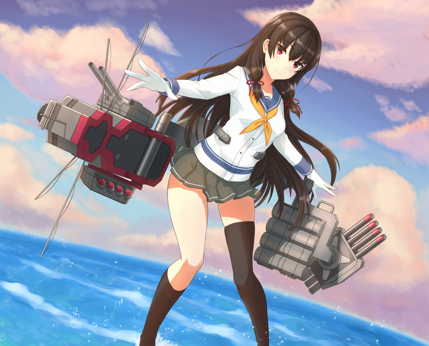 1girl black_legwear blush breasts brown_hair closed_mouth eyebrows_visible_through_hair gloves grey_skirt highres isokaze_(kantai_collection) kantai_collection kneehighs long_hair long_sleeves looking_at_viewer medium_breasts red_eyes skirt smile solo standing thigh-highs white_gloves yellow_neckwear zilaishui