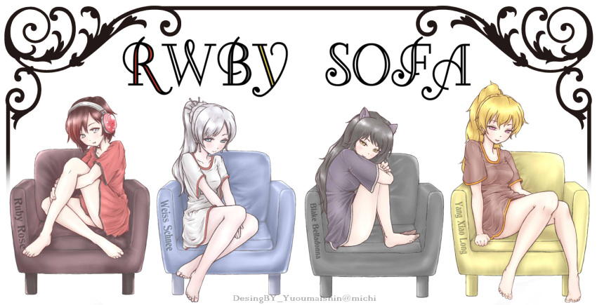 4girls animal_ears aosiro-michi barefoot blake_belladonna cat_ears couch english headphones highres multiple_girls ruby_rose rwby shirt weiss_schnee yang_xiao_long