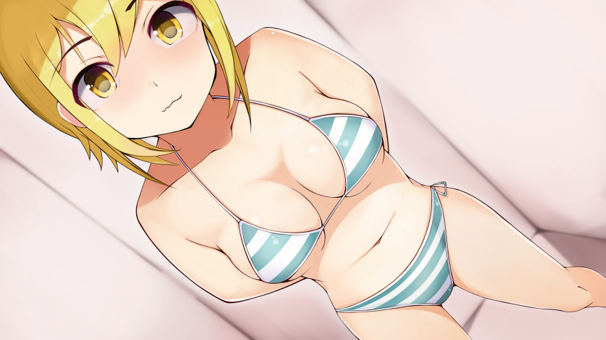 1girl absurdres arms_behind_back bikini blonde_hair blush breasts closed_mouth dutch_angle fitting_room highres indoors jangif looking_at_viewer medium_breasts navel original short_hair side-tie_bikini smile solo standing striped striped_bikini swimsuit vacation_(turning_gear) wavy_mouth yellow_eyes
