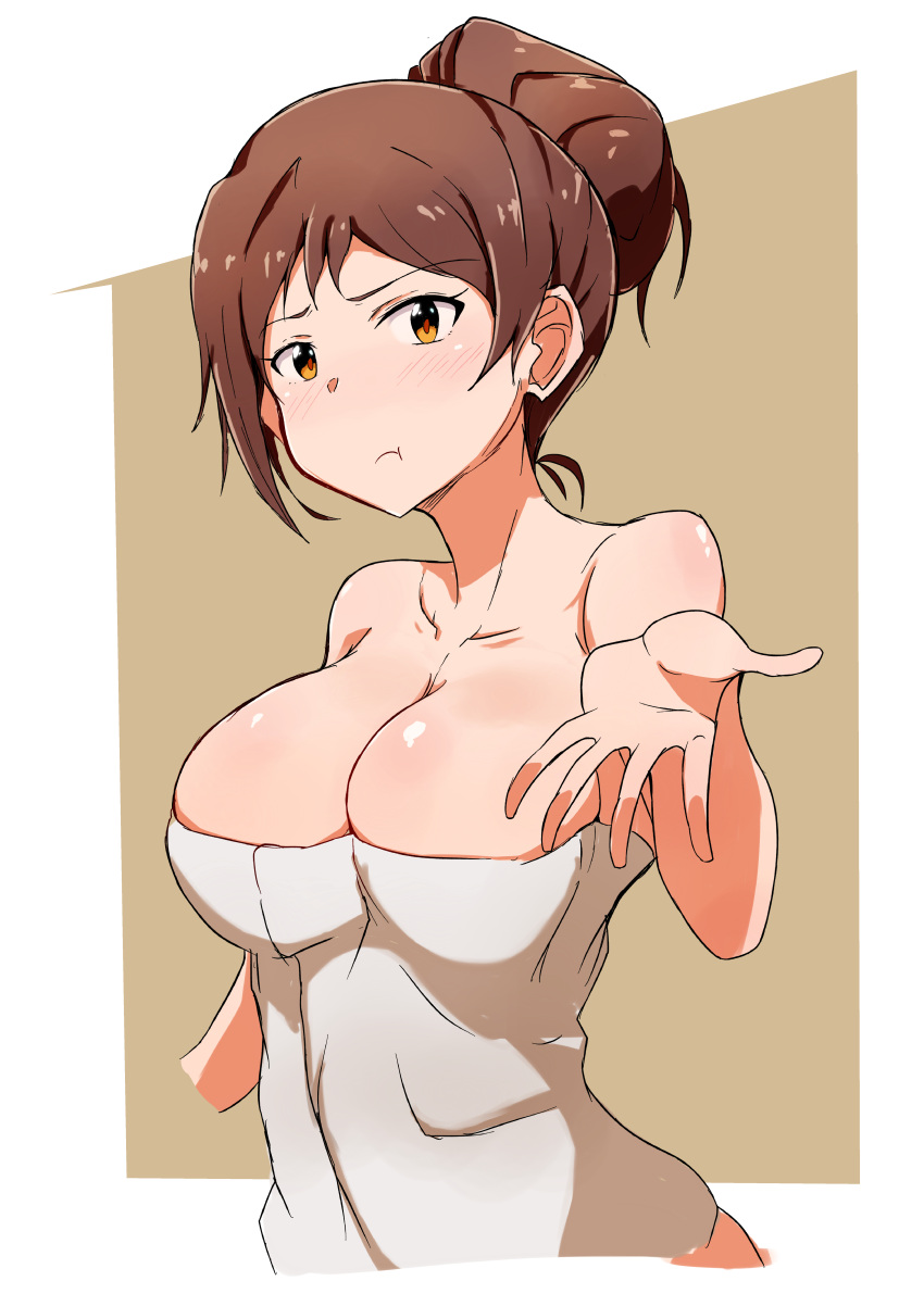 1girl :t absurdres blush breasts brown_eyes brown_hair cleavage closed_mouth collarbone commentary cropped_torso eyebrows_visible_through_hair highres idolmaster idolmaster_million_live! j.roswel kitazawa_shiho large_breasts looking_at_viewer naked_towel outside_border pout simple_background solo towel white_towel