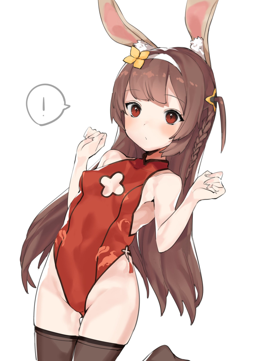 ! 1girl animal_ears azur_lane black_legwear blush braid breasts brown_hair cleavage_cutout cowboy_shot eyebrows_visible_through_hair gluteal_fold hairband highres kemonomimi_mode leotard little_mea long_hair looking_at_viewer one_side_up ping_hai_(azur_lane) rabbit_ears red_eyes side_braid simple_background small_breasts solo speech_bubble thigh-highs white_background