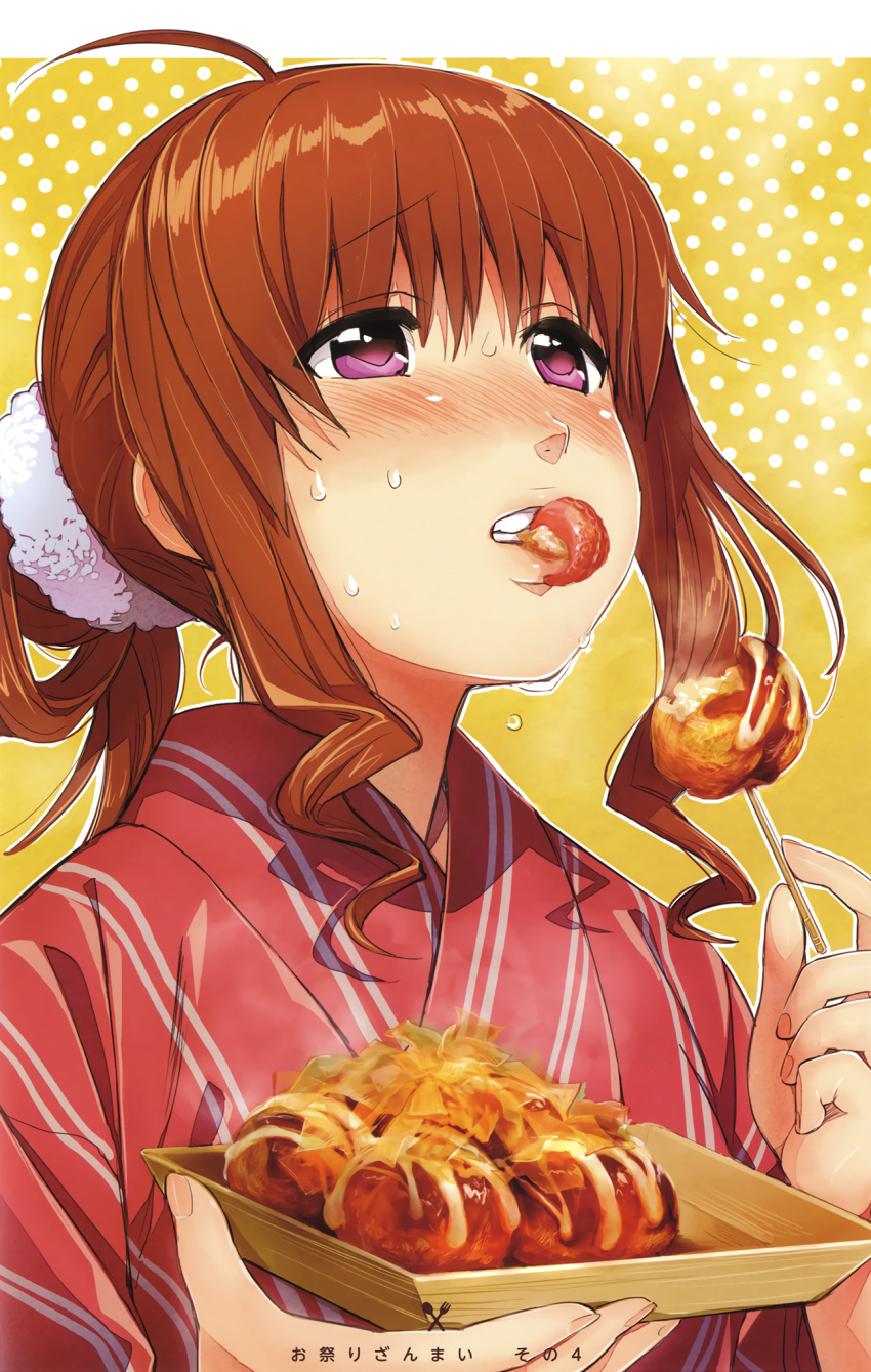 1girl ahoge bangs bite_mark blonde_hair brown_hair clenched_teeth drill_hair dripping food_request furrowed_eyebrows highres holding holding_stick japanese_clothes kawai_makoto kimono koufuku_graffiti lips looking_afar machiko_ryou nervous parted_lips pink_kimono polka_dot polka_dot_background ponytail pout shiny shiny_hair sidelocks solo squid steam sweat sweatdrop sweating teeth translation_request upper_body violet_eyes