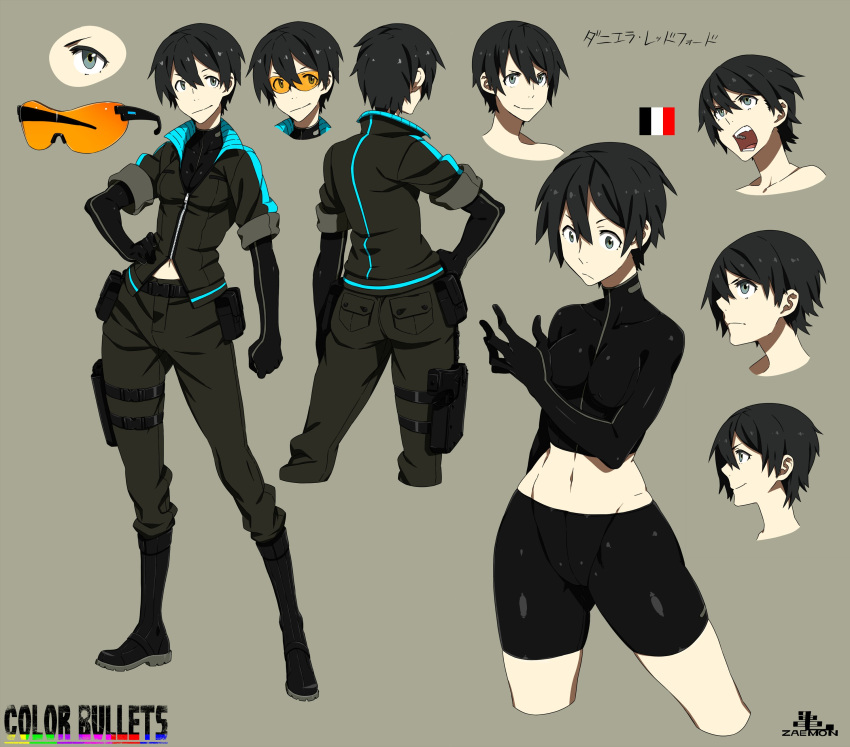 1girl absurdres bike_shorts black_hair boots character_sheet color_bullets danielle_redford_(kamezaemon) grey_eyes highres kamezaemon original short_hair solo sunglasses