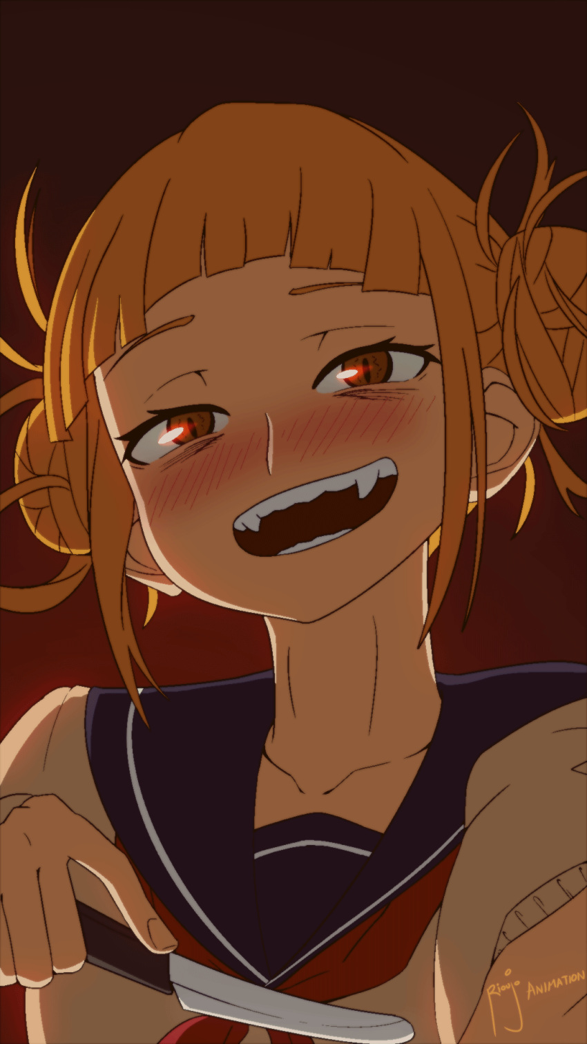 1girl :d animated animated_gif bangs blonde_hair blunt_bangs blush boku_no_hero_academia collarbone double_bun fangs hair_bun heavy_breathing highres knife looking_at_viewer open_mouth red_background ryojojo school_uniform simple_background slit_pupils smile solo teeth toga_himiko upper_body watermark yellow_eyes