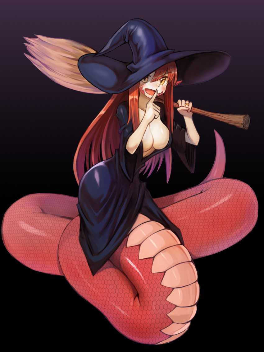 1girl :d absurdres animal_ears bangs black_dress black_hat breasts broom cleavage commission dress eyebrows_visible_through_hair finger_to_mouth full_body gradient gradient_background hair_between_eyes halloween_costume hat highres holding holding_broom index_finger_raised lamia large_breasts long_hair long_sleeves looking_at_viewer miia_(monster_musume) monster_girl monster_musume_no_iru_nichijou open_clothes open_dress open_mouth over_shoulder pointy_ears scales shushing smile solo sookmo very_long_hair wide_sleeves witch witch_hat yellow_eyes