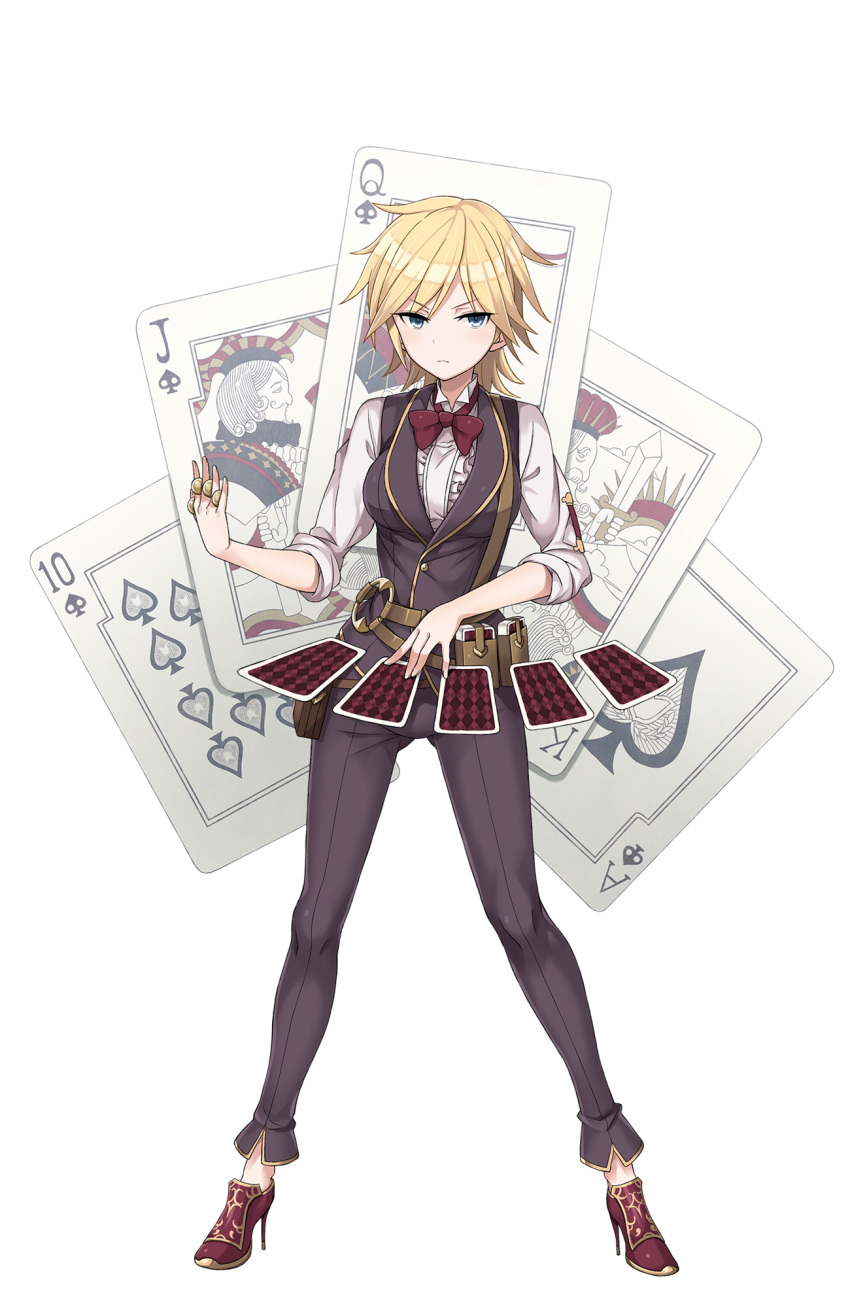 1girl ace_of_spades belt belt_pouch black_pants black_vest blue_eyes card coin dizzy_durand full_body high_heels highres jack_of_spades looking_at_viewer no_socks official_art pants playing_card princess_principal princess_principal_game_of_mission queen_of_spades red_footwear red_neckwear serious shoes short_hair solo standing transparent_background vest