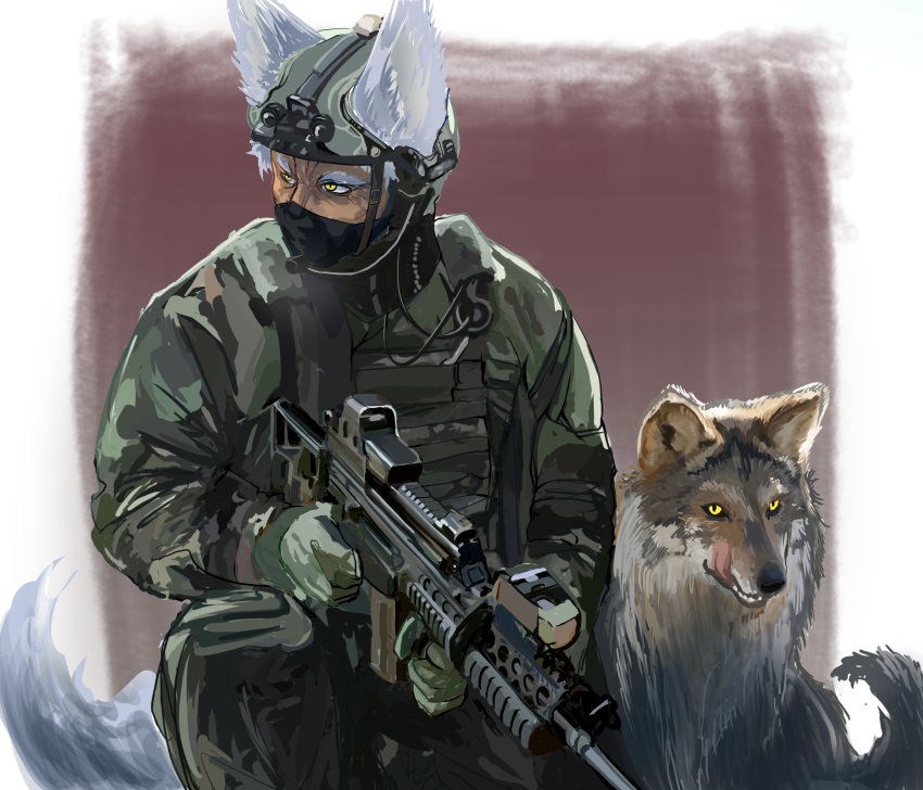 1boy absurdres animal_ears assault_rifle brown_background camouflage camouflage_jacket camouflage_pants commentary_request doitsuken ears_through_headwear face_mask grey_hair gun helmet highres holding holding_gun holding_weapon jacket looking_to_the_side male_focus mask military night_vision_device original pants rifle slit_pupils solo standing tail weapon weapon_request wolf wolf_ears wolf_tail yellow_eyes