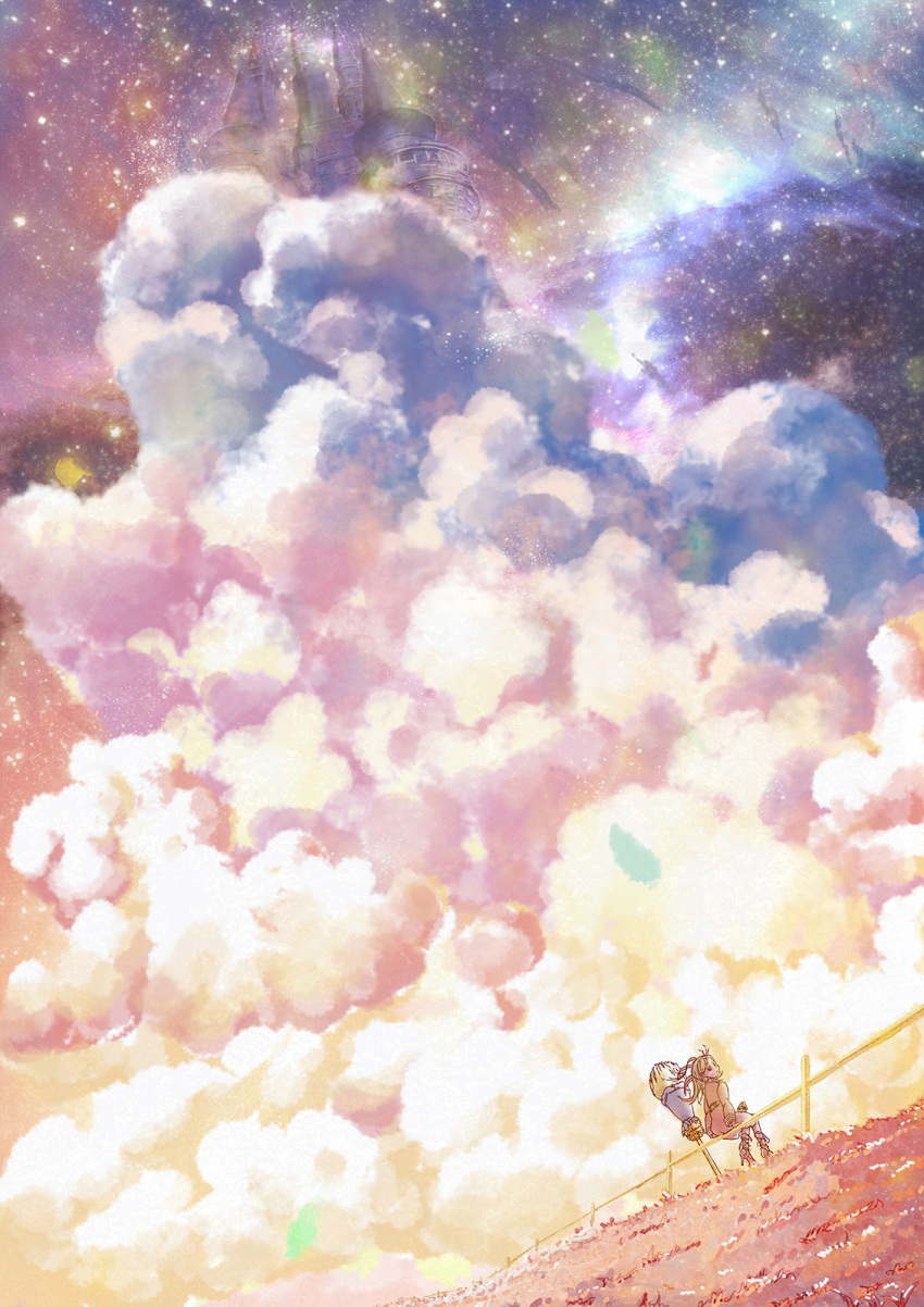 1girl arm_support backlighting broom castle cat clouds colorful dutch_angle fantasy fence grass high_heels highres light_particles long_hair looking_at_viewer looking_back mary_to_majo_no_hana messy_hair sad scenery sitting sitting_on_fence sky solo twilight usatarosu wind witch