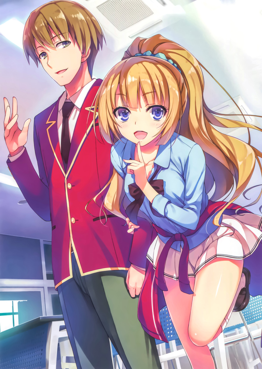 1boy 1girl absurdres arm_holding bangs blazer blue_eyes brown_eyes brown_hair collarbone desk eyebrows_visible_through_hair highres hirata_yousuke huge_filesize indoors jacket karuizawa_kei long_hair looking_at_viewer necktie official_art one_leg_raised open_mouth pants pleated_skirt ponytail ribbon school_desk school_uniform shirt short_hair skirt smile tomose_shunsaku youkoso_jitsuryoku_shijou_shugi_no_kyoushitsu_e