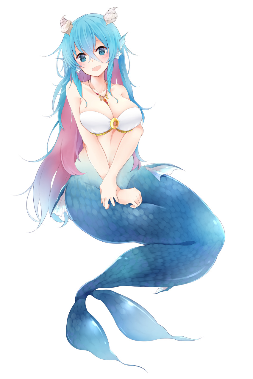1girl :d absurdres animal_ears bangs blue_eyes blue_hair blush breast_squeeze breasts cleavage commentary_request eyebrows_visible_through_hair fins full_body gem hair_between_eyes head_fins highres jewelry large_breasts long_hair looking_at_viewer matsunoki_(unknown_751) mermaid monster_girl multicolored_hair necklace o-ring_top open_mouth original pink_hair seashell shell simple_background smile solo very_long_hair white_background white_bikini_top