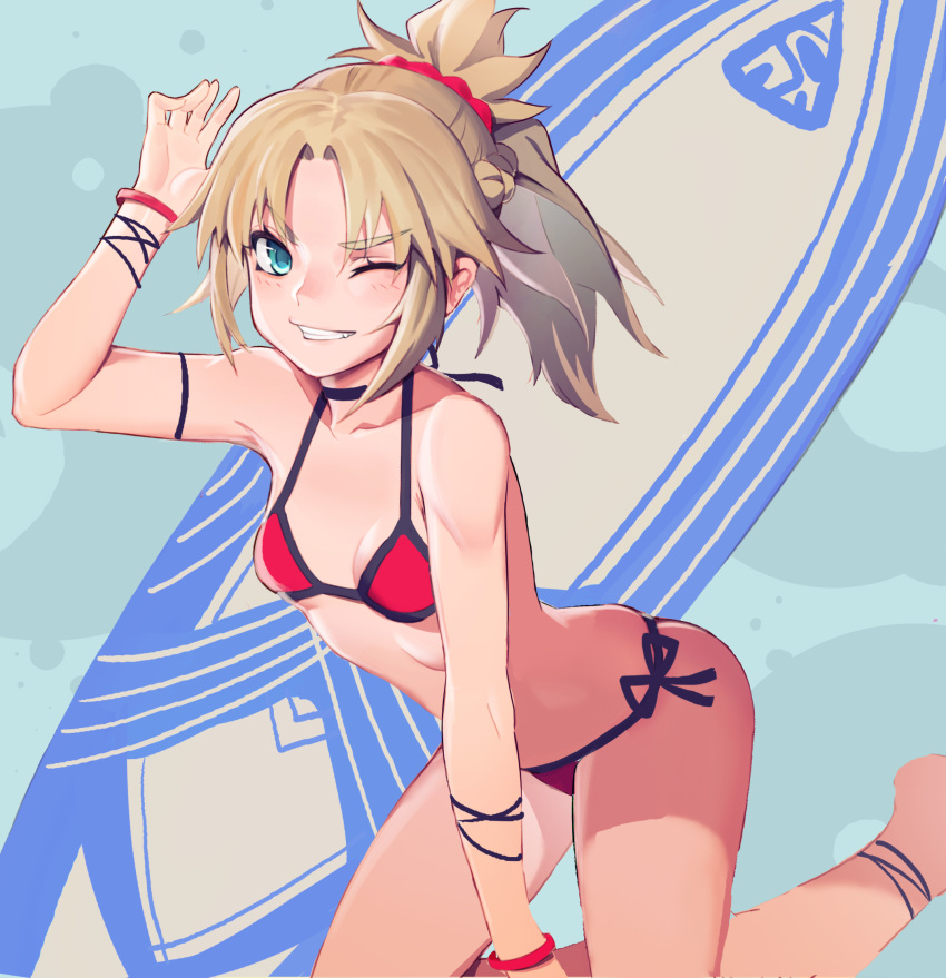 1girl anklet barefoot bikini blonde_hair bracelet breasts fate/apocrypha fate/grand_order fate_(series) green_eyes grin highres jewelry kneeling long_hair mordred_(swimsuit_rider)_(fate) one_eye_closed ponytail red_bikini saber_of_red scrunchie side-tie_bikini small_breasts smile solo surfboard swimsuit wtcolor