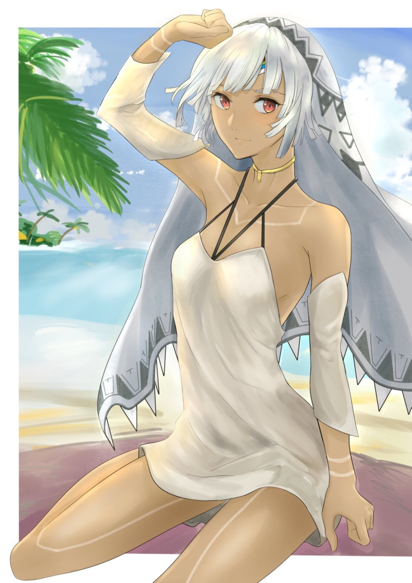 1girl altera_(fate) arm_up beach chakama_817 dark_skin detached_sleeves dress fate/grand_order fate_(series) highres looking_at_viewer ocean palm_tree red_eyes short_dress short_hair sitting solo tattoo tree veil white_dress white_hair