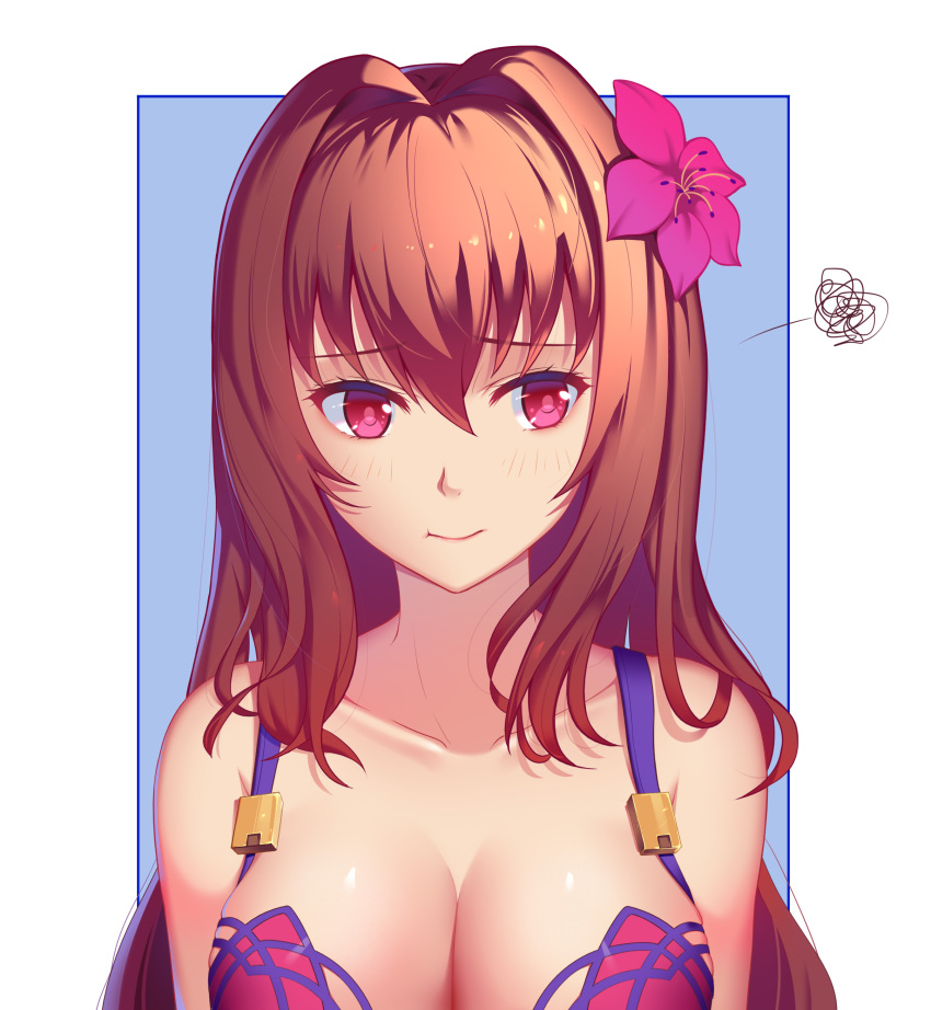 1girl :t absurdres aira5 bangs bare_shoulders bikini_top blue_background blush breasts cleavage closed_mouth collarbone eyebrows_visible_through_hair fate/grand_order fate_(series) flower hair_between_eyes hair_flower hair_ornament highres long_hair medium_breasts pink_bikini_top pink_eyes pout redhead scathach_(fate/grand_order) scathach_(swimsuit_assassin)_(fate) shiny shiny_skin solo squiggle tareme two-tone_background upper_body