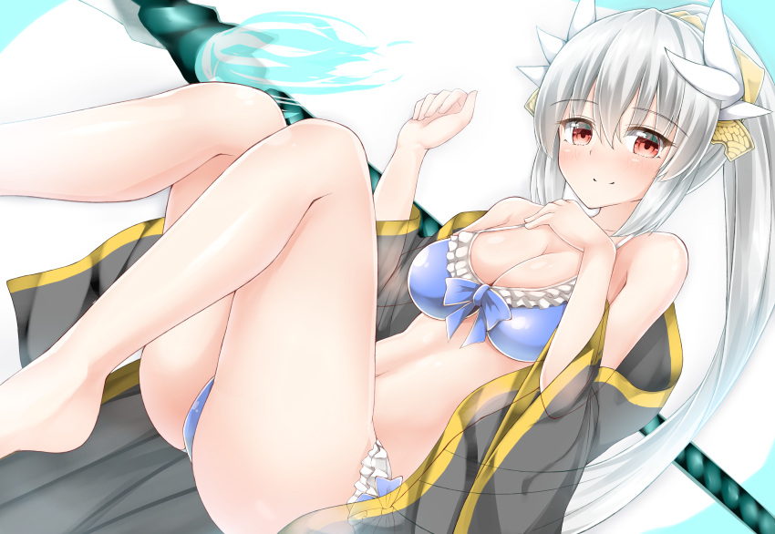 1girl absurdres bikini blue_bikini blush breasts cleavage fate/grand_order fate_(series) hair_ornament highres horns kiyohime_(fate/grand_order) kiyohime_(swimsuit_lancer)_(fate) large_breasts long_hair looking_at_viewer moyoron open_clothes open_robe polearm ponytail red_eyes robe silver_hair smile solo swimsuit weapon