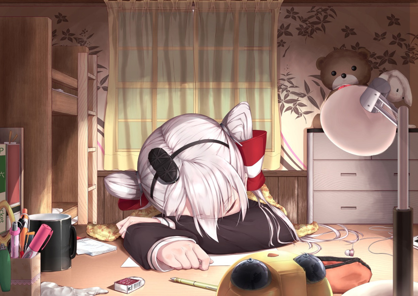 1girl amatsukaze_(kantai_collection) arm_pillow artist_request bed blanket bunk_bed closed_eyes cup curtains desk earphones earphones eraser eyebrows_visible_through_hair hair_tubes hat kantai_collection lamp long_hair long_sleeves mini_hat mug on_desk pen pencil scissors silver_hair sitting sleeping solo stuffed_animal stuffed_bunny stuffed_toy tagme teddy_bear twintails window