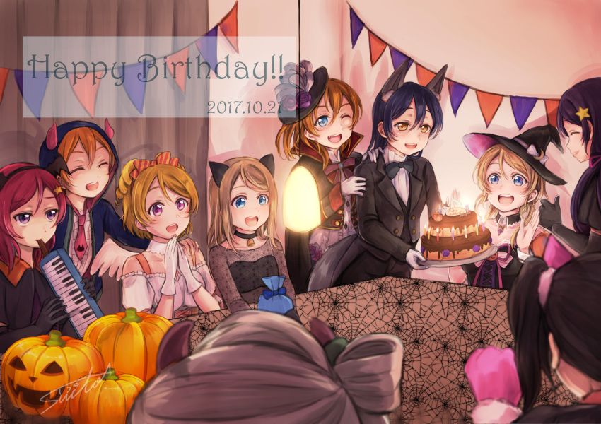 6+girls :d ;d ^_^ angel_wings animal_ears ayase_arisa ayase_eli bell bell_choker birthday_party black_gloves black_neckwear blonde_hair blue_eyes blue_hair bow bowtie brown_hair cake cat_ears choker closed_eyes commentary dated detached_collar flower food formal gloves hair_between_eyes hair_bow hair_ornament halloween halloween_costume hands_together happy_birthday hat hat_feather hat_flower highres hood horns hoshizora_rin instrument jack-o'-lantern koizumi_hanayo kousaka_honoka long_hair love_live! love_live!_school_idol_project minami_kotori multiple_girls nishikino_maki one_eye_closed one_side_up open_mouth orange_hair party piano_keys purple_hair redhead signature smile sonoda_umi spider_web_print star star_hair_ornament string_of_flags striped striped_bow suit suito tablecloth thumbs_up toujou_nozomi vest violet_eyes white_gloves winged_hairband wings witch_hat yazawa_nico